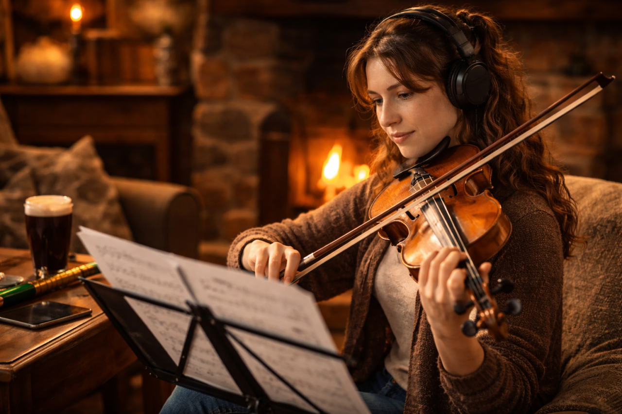Student practicing Irish traditional fiddle at home beside a cosy fireplace while wearing headphones and reading sheet music